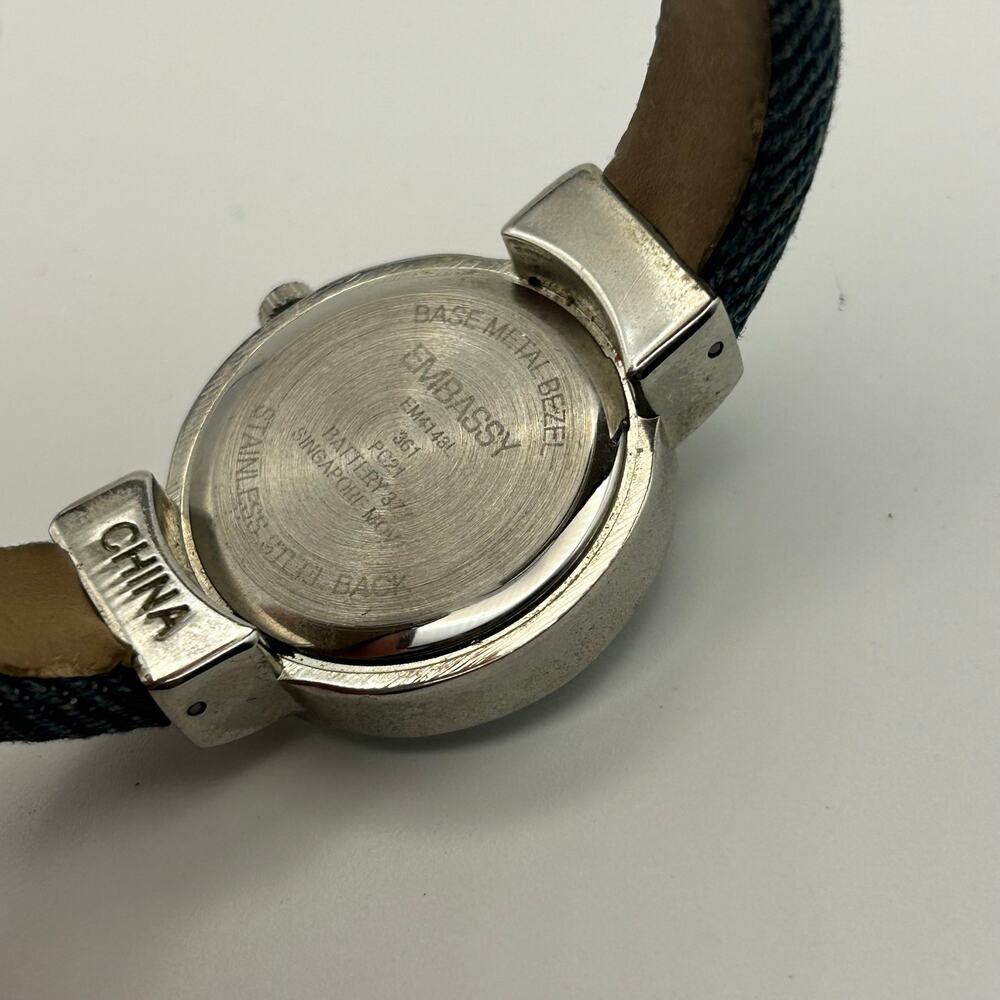 Vintage Embassy Women’s Quartz Watch Faceted Crystal Bezel Blue Denim Strap - Picture 6 of 8